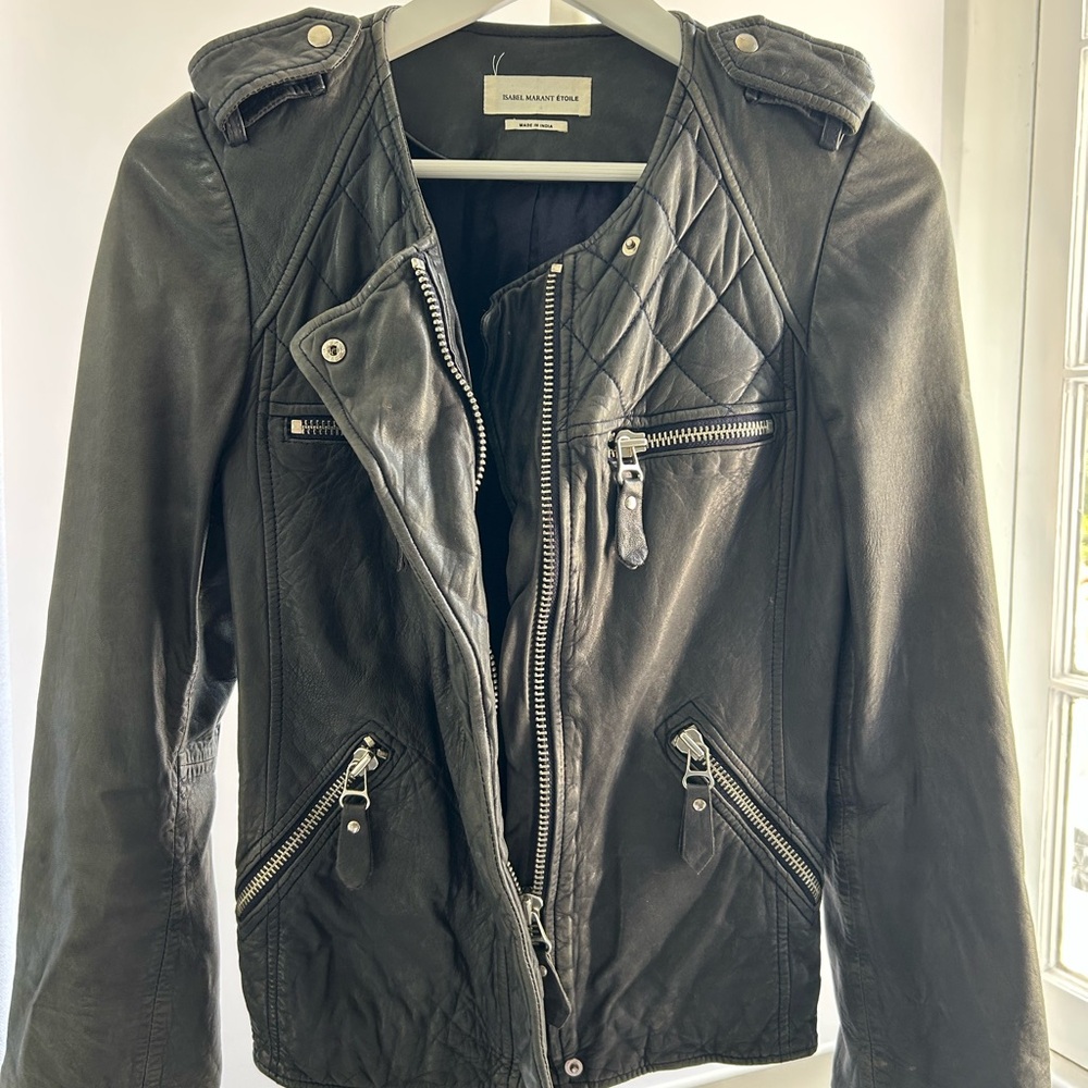 Isabel Marant Dark Blue-Gray Leather Biker Jacket with Quilted Details